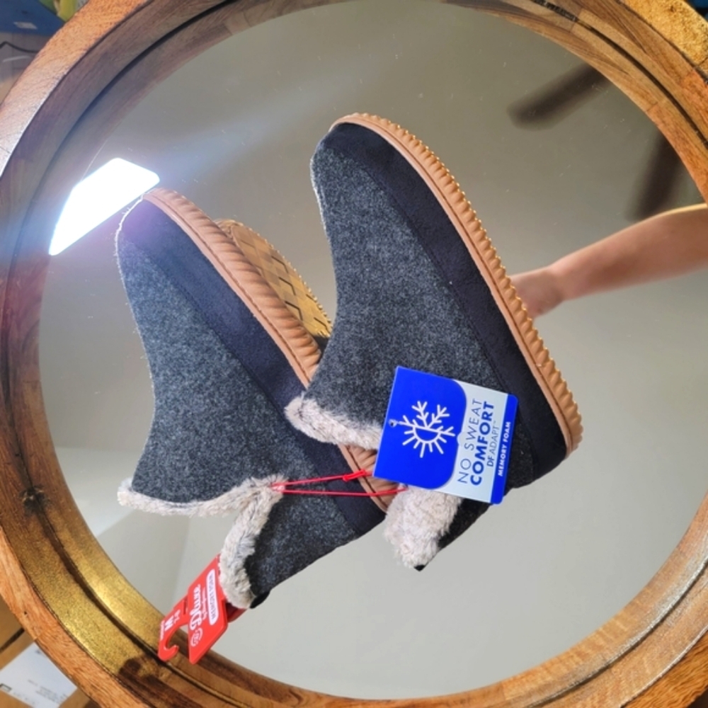Sz 7-8 Gray and Tan Slippers with Faux Fur Lining